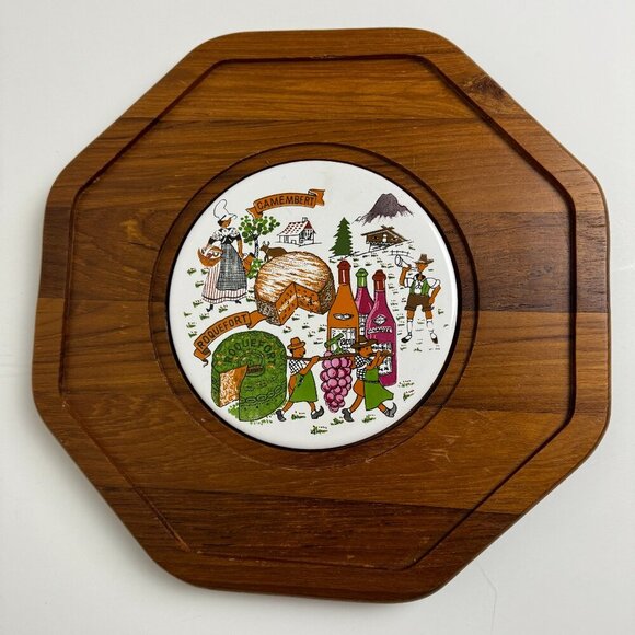 Vtg OctagonalCheese Server Tray 12"x 12" Wood & Ceramic